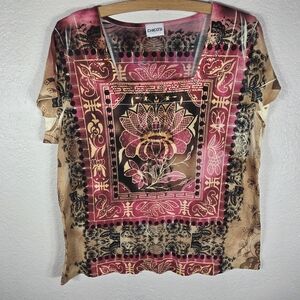 Chicos Tee Shirt Womens Size 3 Rinestones Lotus Print Square Neck